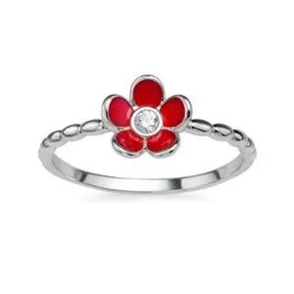 Chic Red Blossom Silver Ring
